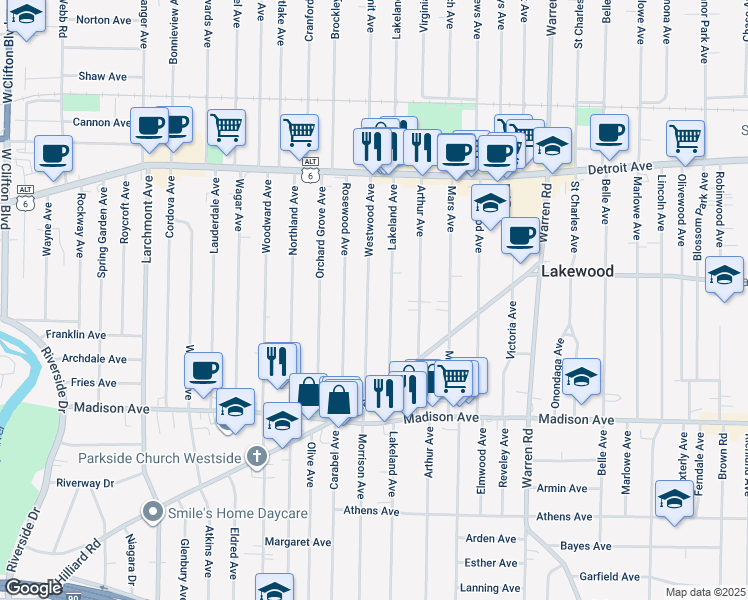 map of restaurants, bars, coffee shops, grocery stores, and more near 1545 Westwood Avenue in Lakewood