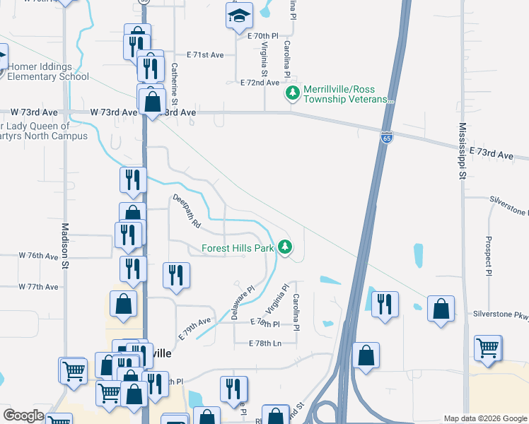 map of restaurants, bars, coffee shops, grocery stores, and more near 59 Indian Trail in Merrillville