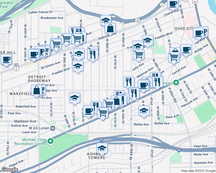 map of restaurants, bars, coffee shops, grocery stores, and more near 189 Bridge Court in Cleveland