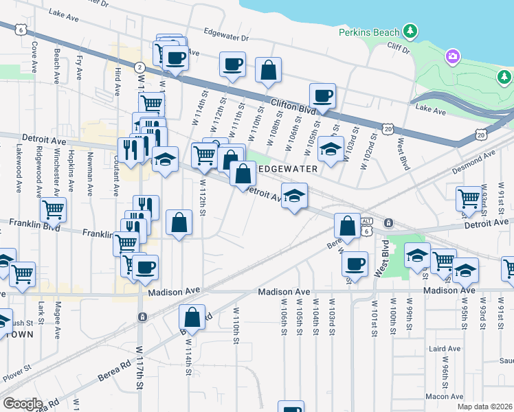 map of restaurants, bars, coffee shops, grocery stores, and more near 1423 West 107th Street in Cleveland