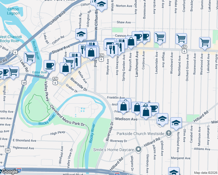 map of restaurants, bars, coffee shops, grocery stores, and more near 1523 Wayne Avenue in Lakewood