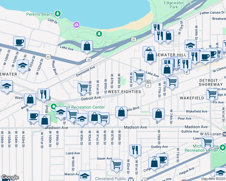 map of restaurants, bars, coffee shops, grocery stores, and more near 1387 West 87th Street in Cleveland