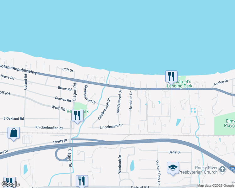 map of restaurants, bars, coffee shops, grocery stores, and more near 474 Sandalwood Drive in Bay Village