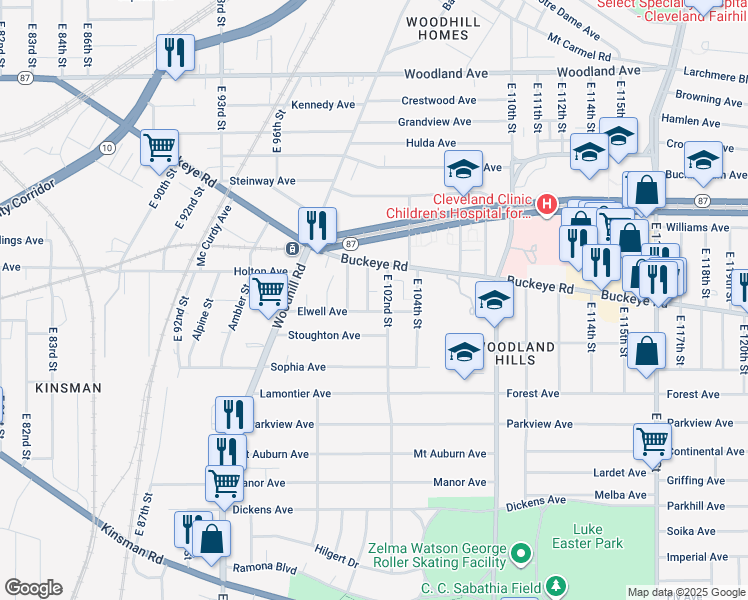 map of restaurants, bars, coffee shops, grocery stores, and more near 2863 East 100th Street in Cleveland