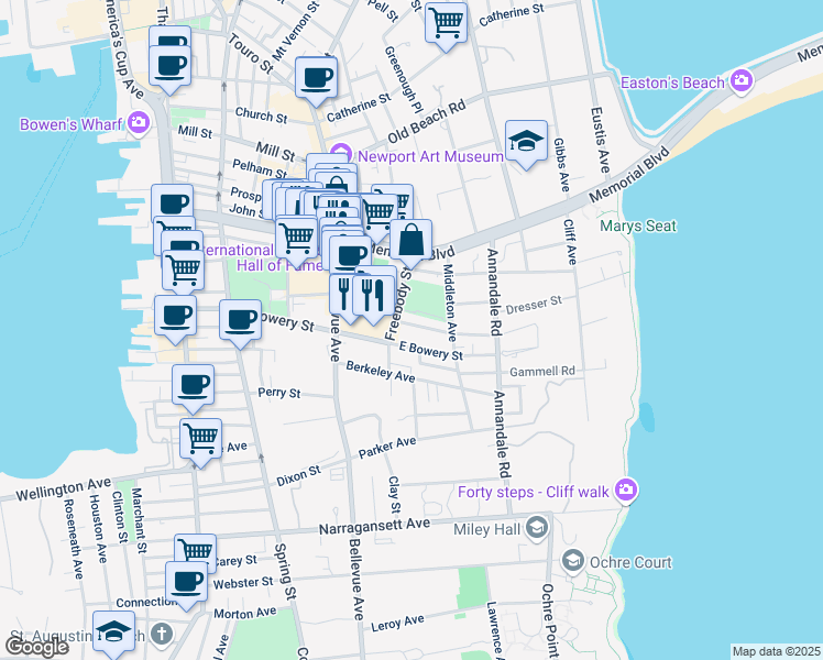 map of restaurants, bars, coffee shops, grocery stores, and more near 5 Weaver Ave in Newport