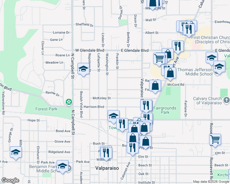 map of restaurants, bars, coffee shops, grocery stores, and more near 1305 Franklin Street in Valparaiso