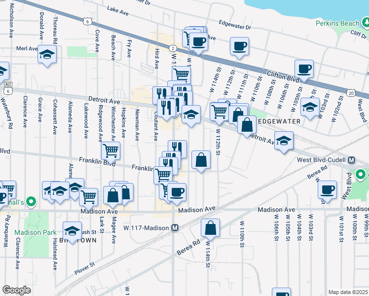map of restaurants, bars, coffee shops, grocery stores, and more near 1478 West 116th Street in Cleveland