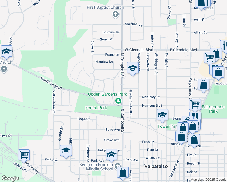 map of restaurants, bars, coffee shops, grocery stores, and more near 1301 Forest Park Avenue in Valparaiso