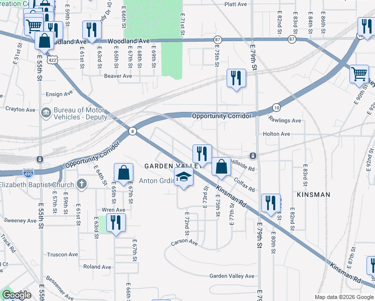 map of restaurants, bars, coffee shops, grocery stores, and more near 7106 Colfax Road in Cleveland