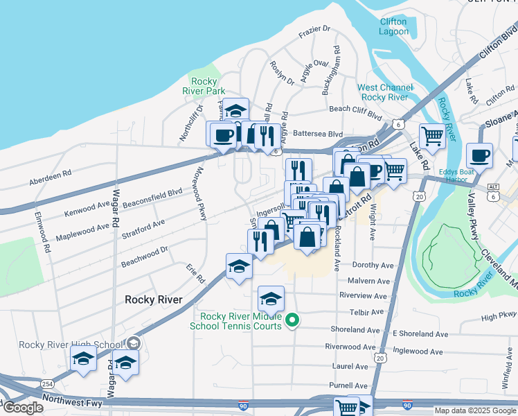 map of restaurants, bars, coffee shops, grocery stores, and more near 19970 Ingersoll Drive in Rocky River