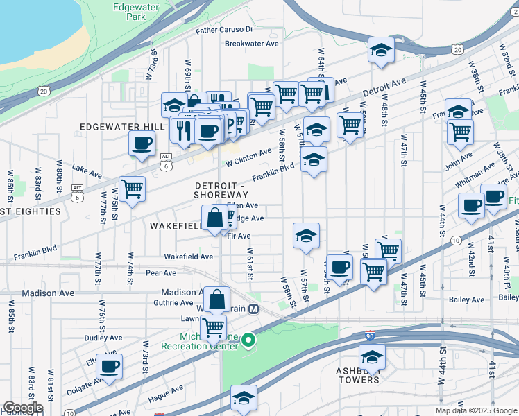 map of restaurants, bars, coffee shops, grocery stores, and more near 5901 Ellen Avenue in Cleveland