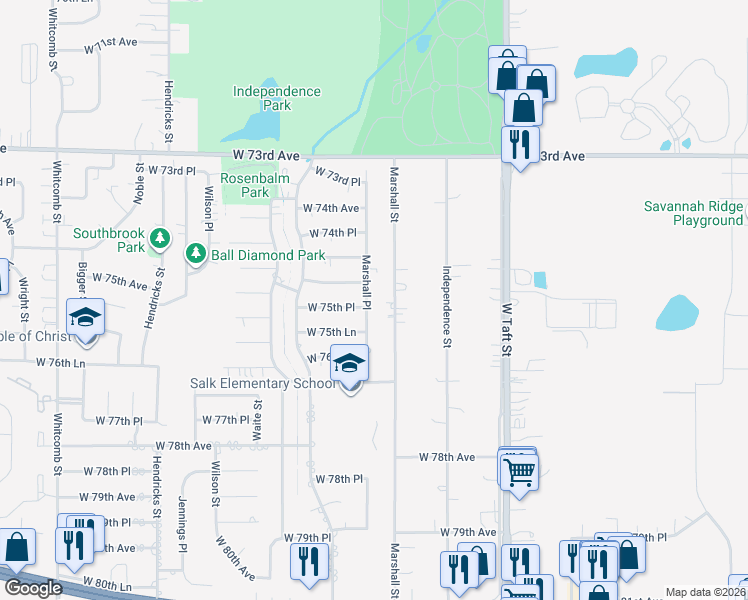 map of restaurants, bars, coffee shops, grocery stores, and more near 7525 Marshall Place in Merrillville