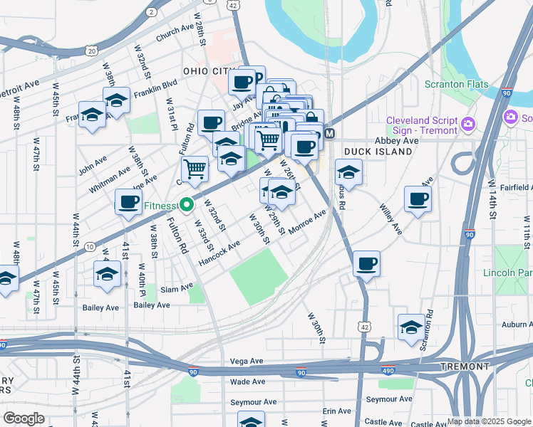 map of restaurants, bars, coffee shops, grocery stores, and more near 2140 West 29th Street in Cleveland