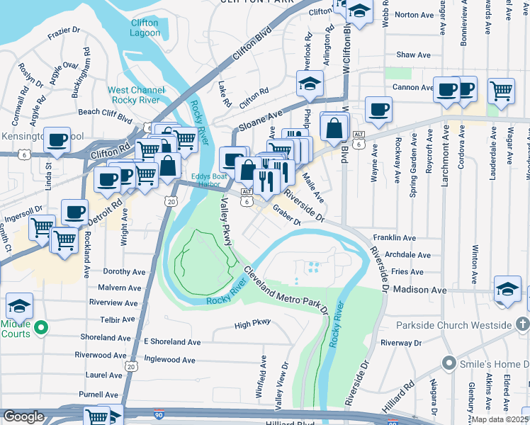 map of restaurants, bars, coffee shops, grocery stores, and more near in Lakewood