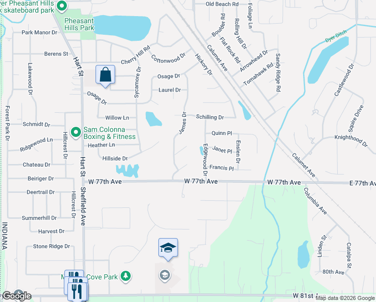 map of restaurants, bars, coffee shops, grocery stores, and more near 720 Roy Street in Dyer