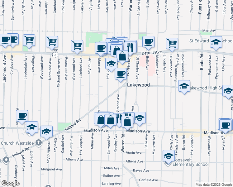 map of restaurants, bars, coffee shops, grocery stores, and more near 15011 Hilliard Road in Lakewood