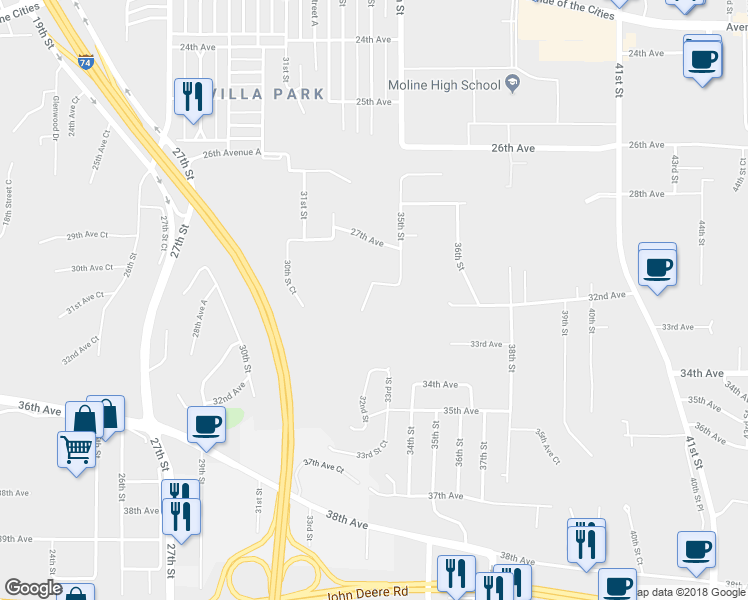 map of restaurants, bars, coffee shops, grocery stores, and more near 3414 28th Avenue Court in Moline