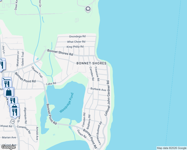 map of restaurants, bars, coffee shops, grocery stores, and more near 46 Camden Road in Narragansett
