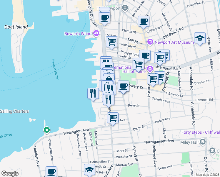 map of restaurants, bars, coffee shops, grocery stores, and more near 448 Thames Street in Newport