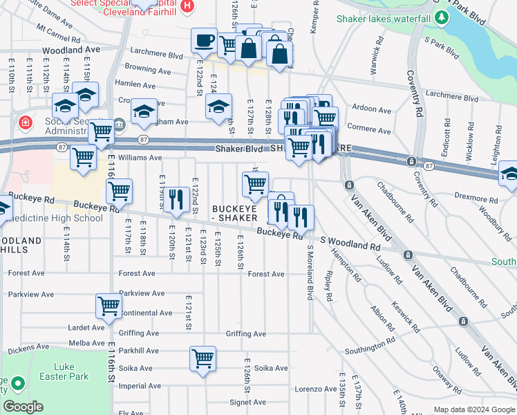 map of restaurants, bars, coffee shops, grocery stores, and more near 2833 East 127th Street in Cleveland