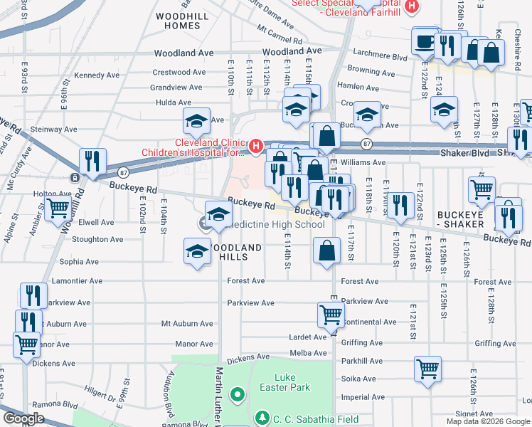 map of restaurants, bars, coffee shops, grocery stores, and more near in Cleveland