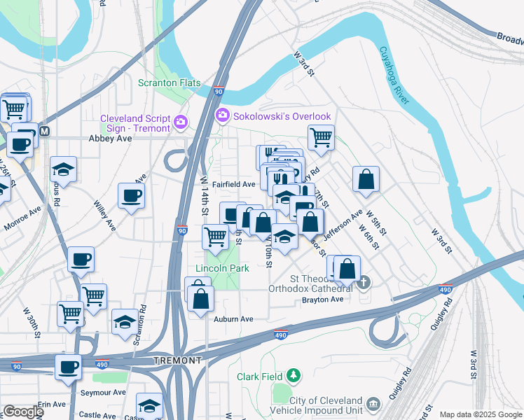 map of restaurants, bars, coffee shops, grocery stores, and more near 2289 West 11th Street in Cleveland