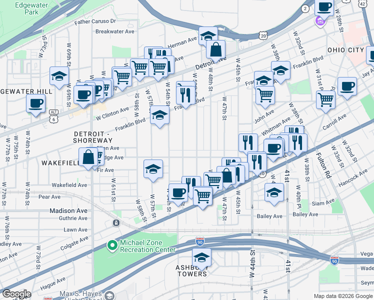 map of restaurants, bars, coffee shops, grocery stores, and more near 5004 Bridge Avenue in Cleveland