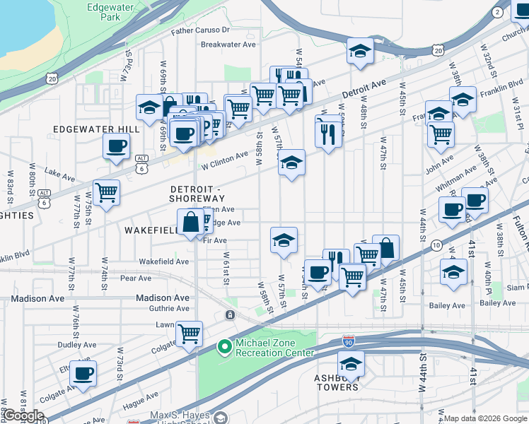 map of restaurants, bars, coffee shops, grocery stores, and more near 1861 West 58th Street in Cleveland