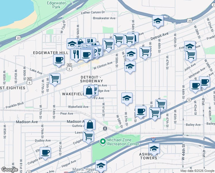 map of restaurants, bars, coffee shops, grocery stores, and more near 5901 Ellen Avenue in Cleveland