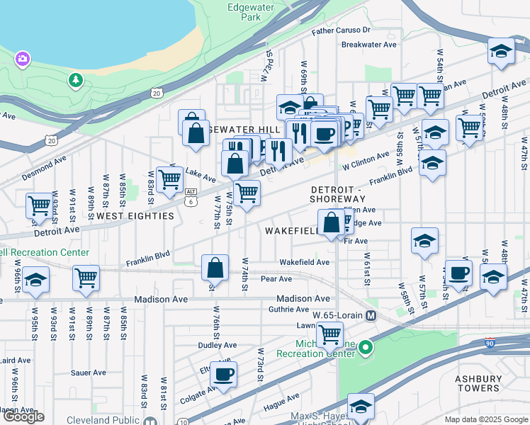 map of restaurants, bars, coffee shops, grocery stores, and more near 7210 Franklin Boulevard in Cleveland