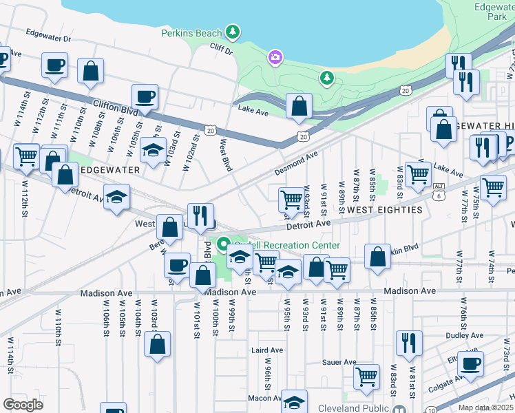 map of restaurants, bars, coffee shops, grocery stores, and more near 1369 West Boulevard in Cleveland