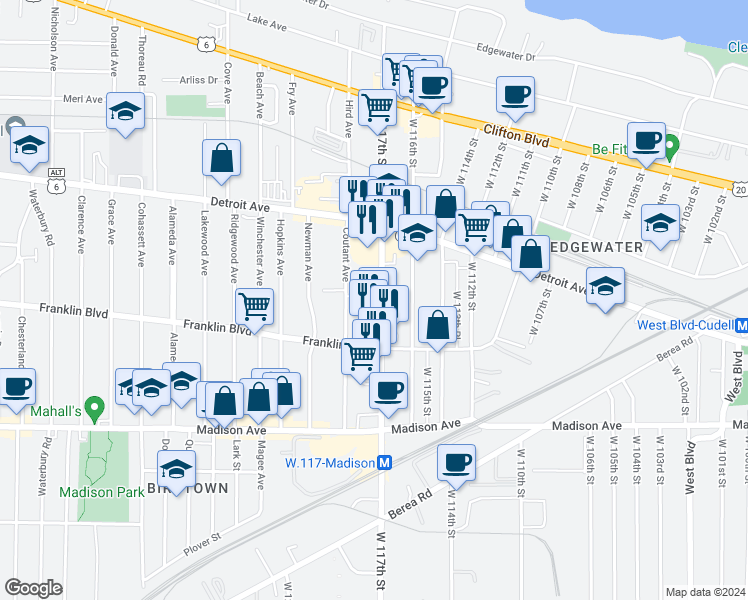 map of restaurants, bars, coffee shops, grocery stores, and more near 11709 Nelson Court in Lakewood