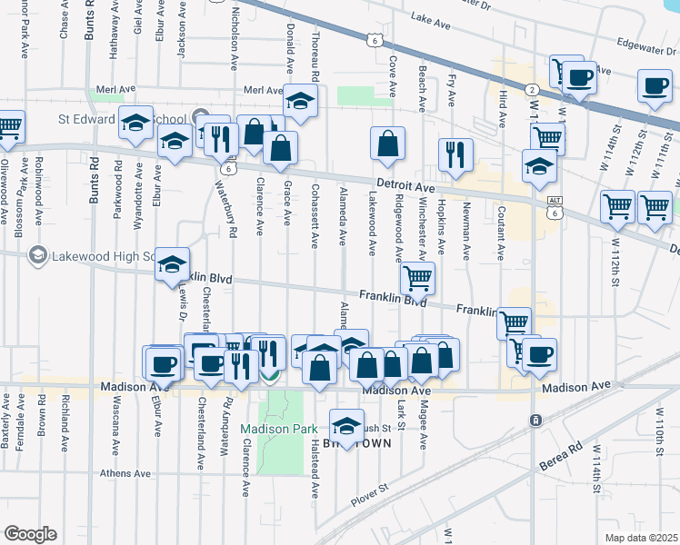 map of restaurants, bars, coffee shops, grocery stores, and more near 1527 Cohassett Avenue in Lakewood