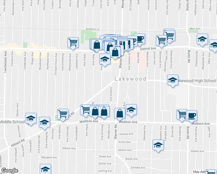 map of restaurants, bars, coffee shops, grocery stores, and more near 1561 Victoria Avenue in Lakewood