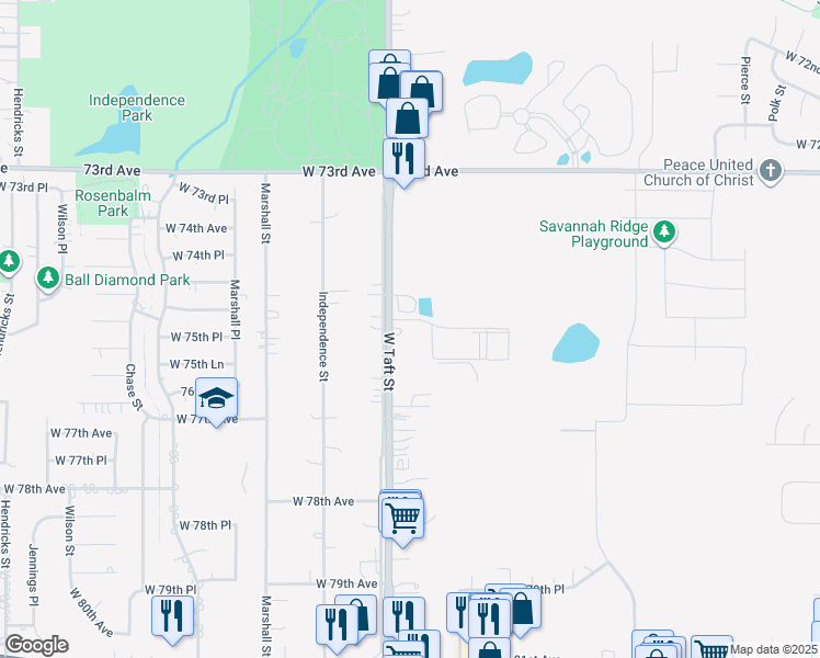 map of restaurants, bars, coffee shops, grocery stores, and more near 7505 Taft Street in Merrillville