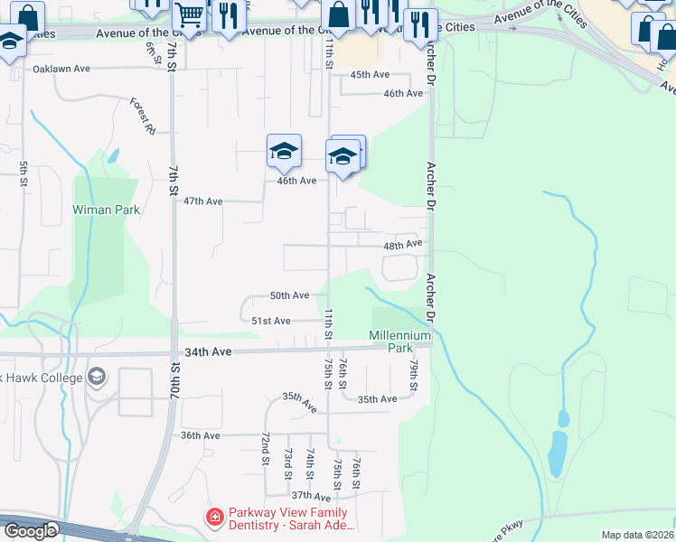 map of restaurants, bars, coffee shops, grocery stores, and more near 4805 12th Street Court in East Moline