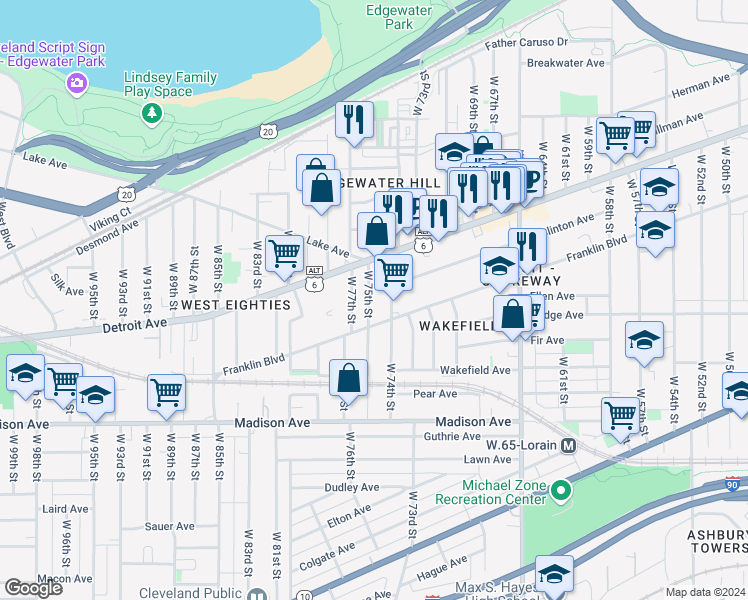map of restaurants, bars, coffee shops, grocery stores, and more near 1443 West 75th Street in Cleveland