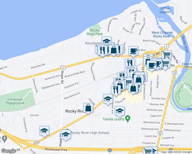 map of restaurants, bars, coffee shops, grocery stores, and more near 725 Morewood Parkway in Rocky River