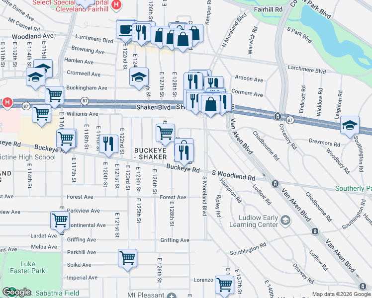 map of restaurants, bars, coffee shops, grocery stores, and more near 2830 East 130th Street in Cleveland