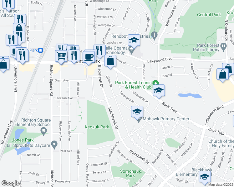 map of restaurants, bars, coffee shops, grocery stores, and more near 342 Suwanee Street in Park Forest