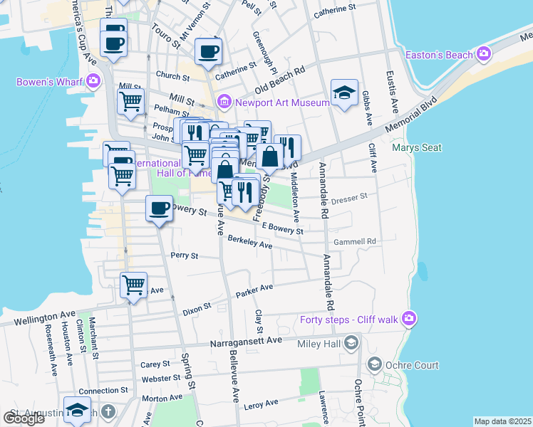 map of restaurants, bars, coffee shops, grocery stores, and more near 3 Weaver Avenue in Newport