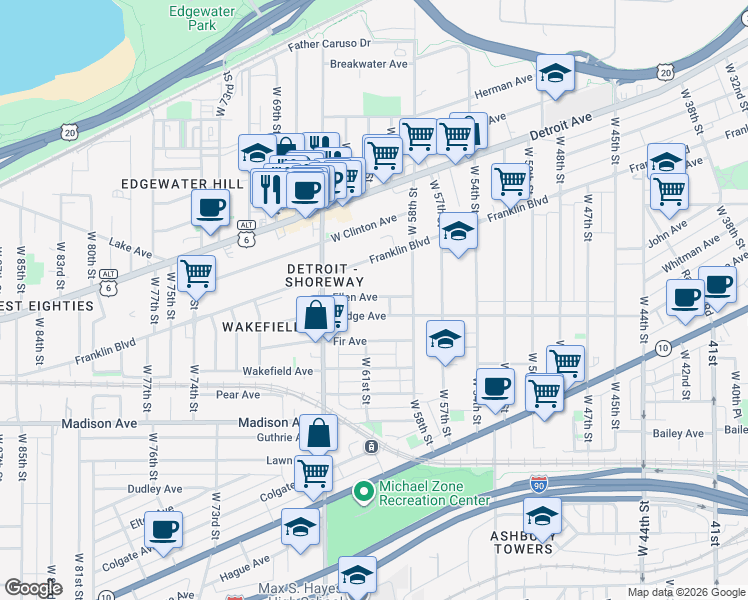 map of restaurants, bars, coffee shops, grocery stores, and more near 5901 Ellen Avenue in Cleveland