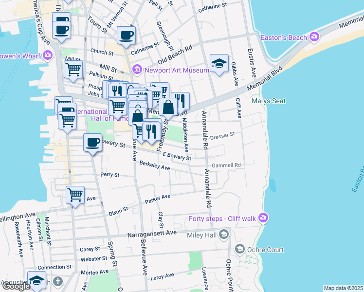 map of restaurants, bars, coffee shops, grocery stores, and more near 11 Weaver Avenue in Newport