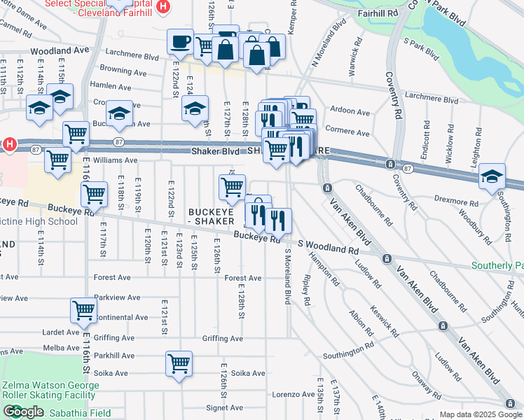 map of restaurants, bars, coffee shops, grocery stores, and more near 2829 East 128th Street in Cleveland