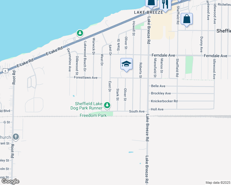 map of restaurants, bars, coffee shops, grocery stores, and more near 948 Stark Street in Sheffield Lake