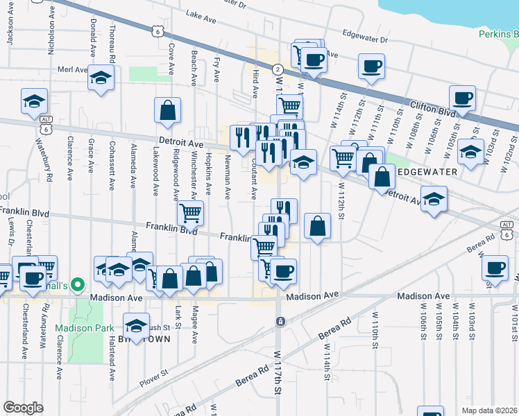 map of restaurants, bars, coffee shops, grocery stores, and more near 11709 Nelson Court in Lakewood