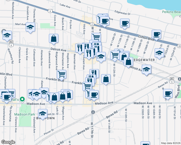 map of restaurants, bars, coffee shops, grocery stores, and more near 11709 Nelson Court in Lakewood