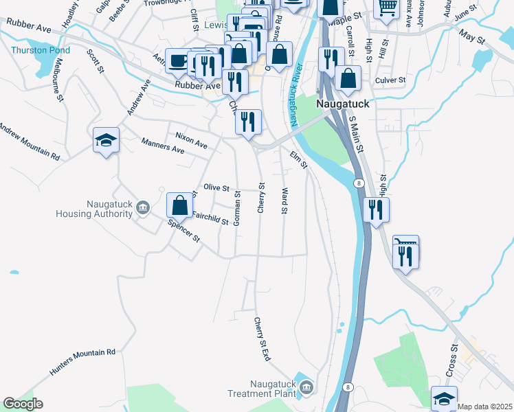 map of restaurants, bars, coffee shops, grocery stores, and more near 219 Cherry Street in Naugatuck