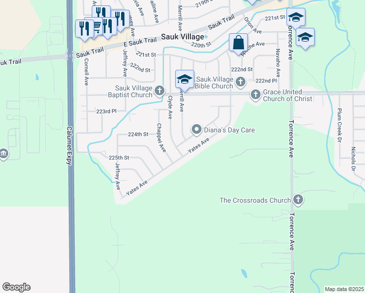 map of restaurants, bars, coffee shops, grocery stores, and more near 22441 Strassburg Avenue in Sauk Village