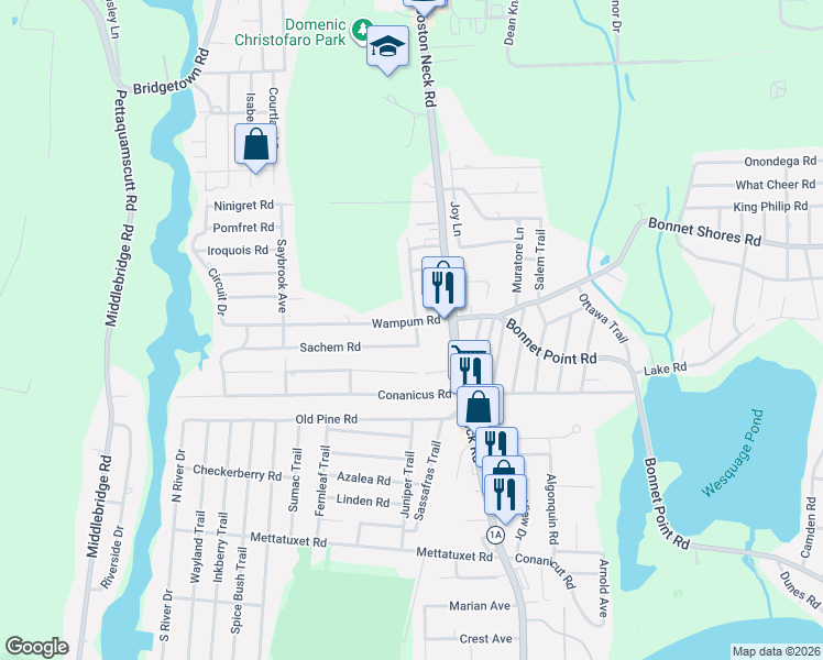 map of restaurants, bars, coffee shops, grocery stores, and more near 35 Sachem Road in Narragansett